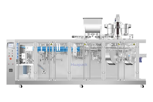 Envasadora horizontal de bolsas con spout, llenado con 2 boquillas