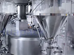 Envasadora de bolsas zipper en rollo por servo motor, llenado con 2 boquillas