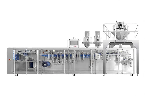 Envasadora de bolsas stand up en rollo por servo motor, llenado con 4 boquillas